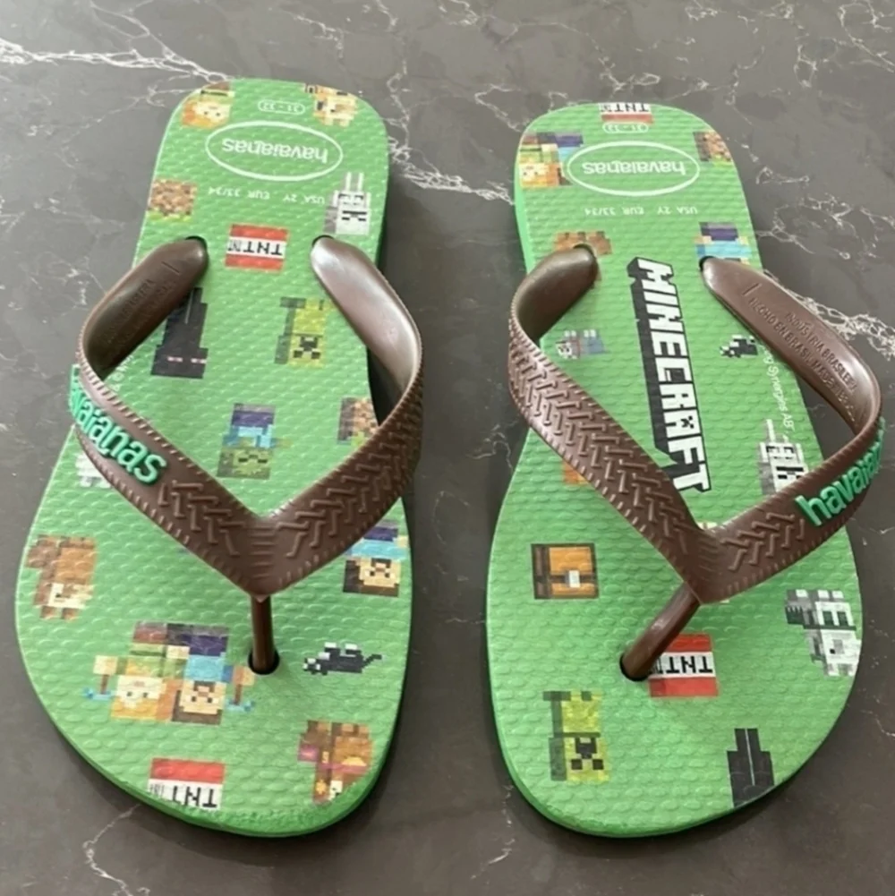 Havaianas Green Minecraft Sandals Flip Flops Size 3-4Y Summer Gamer Rare Shoe